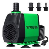 VIVOSUN 800GPH Submersible Pump(3000L/H, 24W), Ultra Quiet Water Fountain Pump with 10ft. High Lift with 6.5ft. Power Cord, 3 Nozzles for Fish Tank, Pond, Aquarium, Statuary, Hydroponics Green