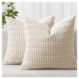 MIULEE Pack of 2 Corduroy Decorative Throw Pillow Covers 18x18 Inch Soft Boho Striped Pillow Covers Modern Farmhouse Home Decor for Sofa Living Room Couch Bed Cream White