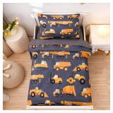 NTBED Construction Toddler Bedding Set for Baby Boys, Truck Vehicles Excavator Cars Printed, Includes Comforter, Flat Sheet, Fitted Sheet and Pillowcase,Grey