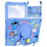 JoySolar for iPad 7th/8th/9th Gen Case - Soft Silicone Cute Cartoon Case with Rotationg Stand & Shoulder Strap, Shockproof Cover for Kids Girls Boys, Blue