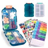 2 Pcs Travel Pill Organizer, Portable Travel Medicine Daily Pill Container Organizer 7 Day Pill Case Storage Vitamin Fish Oil (White & Blue) NO LABELS