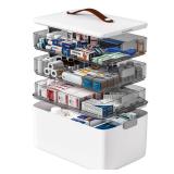funest 4- Tier Medicine Storage Box Organizer Portable First Aid kit Box Empty with Handle, Multipurpose Medical Supply Organizer with Removable Tray, White ONE TRAY CORNER CRACKED