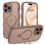 VENINGO for iPhone 16 Pro Case, Foldable Ring Holder Magnetic Slim Curly Wave Edge Translucent Matte Kickstand Shockproof Protective Phone Cover for iPhone 16 Pro 6.3, Desert Brown