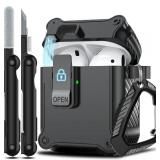 RFUNGUANGO for Airpods 2nd and 1st Generation Protective Cases Automatic Pop-up with Safety Lock Clip, Full Body Shockproof Hard Case with Keychain (Cleaning Tool) - Black