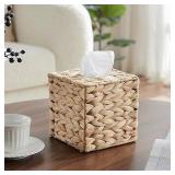 BIBELUN Woven Tissue Box Cover Square with Storage Tray, Water Hyacinth Tissues Cube Box Holder, Farmhouse Wicker Facial Tissue Dispenser Organizer for Bathroom, Countertop, Vanity, Nightstand, Decor
