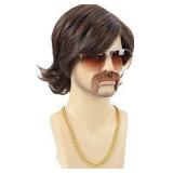 PUREHAIR Retro 70s Disco Wig for Men with Mustache Glasses and Chain Perfect for Rocker Singer Hippie Cosplay Mens 70s 80s Disco Outfit Costume Wigs (Brown)