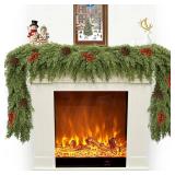 Christmas Cedar Garland for Mantle (6.01FT Red Berries, Pine Cones)