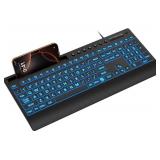 SABLUTE Large Print Wired Backlit Keyboard with Backlight Memory Function, 7-Color Auto-Cycling & Static Single LED, Computer Keyboard with Phone Holder & Wrist Rest, Quiet Crater Keys for PC Laptop
