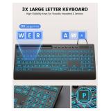 SABLUTE Large Print Wired Backlit Keyboard with Backlight Memory Function, 7-Color Auto-Cycling & Static Single LED, Computer Keyboard with Phone Holder & Wrist Rest, Quiet Crater Keys for PC Laptop