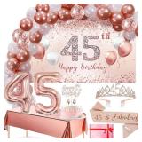 Trgowaul 45th Birthday Decorations Balloon Set Women Arch, Rose Gold 45th Birthday Banner and Party Tablecloth, Belt and Tiara, Pink Gold 45th Balloon, Cake Topper, Latex Balloon * 60