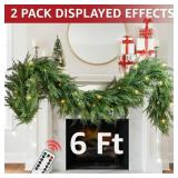 Christmas Cedar Garland Realistic - Cypress Decorations with Lights 6ft for Mantle Lighted Faux Pine Garlands for Xmas Home Decoration Indoor Stairs Railing 6 ft Fireplace Outdoor Prelit Door Decor