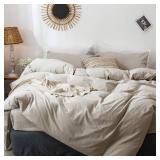 MooMee Bedding Duvet Cover Set 100% Washed Cotton Linen Like Textured Breathable Durable Soft Comfy (Heathered Tannish Linen Grey, Cal King 104x98)