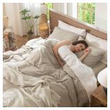 MooMee Bedding Duvet Cover Set 100% Washed Cotton Linen Like Textured Breathable Durable Soft Comfy (Heathered Tannish Linen Grey, Cal King 104x98)