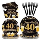 96Pcs 40th Birthday Party Supplies Black Gold Plates and Napkins Tableware Sets Cheers and Beers to 40 Years Decorations Favors for Men Women 40 Years Old Birthday Dinner Holiday Party Serves 24