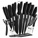 EUNA Kitchen Knife Set, 19 PCS Black Knife Set with Acrylic Block and Sharpener, German High-Carbon Stainless Steel Knife Sets with 6 Serrated Steak Knives, Bread Knife, Chef Knife, Dishwasher Safe