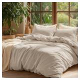 Bedsure 100% Washed Cotton Duvet Cover Cal King - Oatmeal Minimalist Cotton Duvet Cover Linen Like for All Seasons - GentleSoft Plain Simple Bedding (Oatmeal, California King, 104x98)
