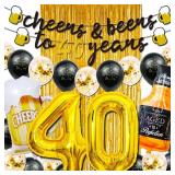 40th Birthday Decorations for Men, 40 Birthday Decorations with 40 Inch Gold 40 Number Balloons, Cheers to 40 Years Banner,Fringe Curtains and Cups Foil Balloons