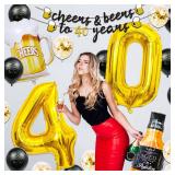 40th Birthday Decorations for Men, 40 Birthday Decorations with 40 Inch Gold 40 Number Balloons, Cheers to 40 Years Banner,Fringe Curtains and Cups Foil Balloons