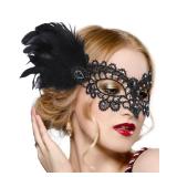 Zinniday Black Feather Masquerade Masks - Halloween Lace Mask with Black Shiny Rhinestone for Women, 1920s 50s Antique Venetian Eyemask for Renaissance Cosplay Costume Party Carnival Prom