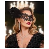 Zinniday Black Feather Masquerade Masks - Halloween Lace Mask with Black Shiny Rhinestone for Women, 1920s 50s Antique Venetian Eyemask for Renaissance Cosplay Costume Party Carnival Prom