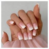 SXVME Press On Nails Medium Short Square - Ombre French Press on Nails with Glue for Women, White And Pink Fake Nails Press ons, Glossy Soft Gel Glue on Nails Coffin, Reusable Nail Stick Ons, 28 Pcs