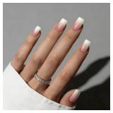 SXVME Press On Nails Medium Short Square - Ombre French Press on Nails with Glue for Women, White And Pink Fake Nails Press ons, Glossy Soft Gel Glue on Nails Coffin, Reusable Nail Stick Ons, 28 Pcs