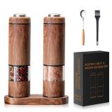 Electric Salt and Pepper Grinder Set, Automatic Salt and Pepper Grinder Set with Wood Base, Adjustable Coarseness, LED Light, One Handed Operation Electric Salt and Pepper Shakers(Wood Grain)