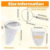 3Pcs Ultra Fine Mesh Strainer Bags with Stainless Steel Handle, 8.3 x 9.3inch Nut Bag Strainer Reusable Cheesecloth Bags for Straining Juice, Nutmilk, Coffee, Thai Tea, Yogurt and Soup