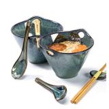 Henten Home 20 OZ Ramen Bowls Set, Ceramic Japanese Noodle Bowls Set of 2, Porcelain Deep Salad Bowl with Chopsticks for Udon, Reactive Glaze, Microwave Safe (Teal)