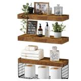 QEEIG Bathroom Shelves Over Toilet - Wall Mounted Floating Shelves Toilet Paper Storage Small Farmhouse Decor Shelf 16 inch Set of 3, Rustic Brown (019-BN3)