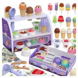 FENYAN Ice Cream Play Set, Pretend Play Store for Toddlers 3-5, Various Flavors Popsicle Ice Cream Counter Shop with Menu & Fake Money, Preschool Ice Cream Toys for Kids 3-8 Girls Birthday Gift