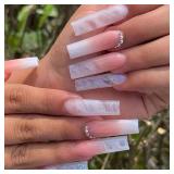 Ombre Pink White Press on Nails Long Square BAOYAALIN, Glitter Fake Nails with Rhinestones Design Gel Glue on Nails for Women Full Cover Acrylic Artificial False Stick on Nail for Wedding 24Pcs