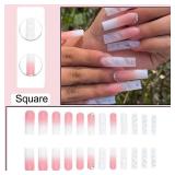 Ombre Pink White Press on Nails Long Square BAOYAALIN, Glitter Fake Nails with Rhinestones Design Gel Glue on Nails for Women Full Cover Acrylic Artificial False Stick on Nail for Wedding 24Pcs