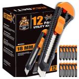 REXBETI 12-Pack Utility Knife, Retractable Box Cutter for Cartons, Cardboard and Boxes, 18mm Wider Razor Sharp Blade, Smooth Mechanism, Perfect for Office and Home use