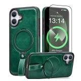 BUTAIGA for iPhone 17 Leather Case with Stand, Anti-Slip Grip Ring, Fits for MagSafe (Green, IP17-6.3inch)