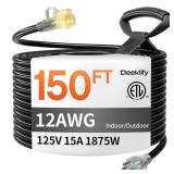 12 Gauge 150 FT Heavy Duty Outdoor Extension Cord Waterproof with Lighted End,Black 12 Gauge Extension Cord Flexible and Cold Resistant 3 Prong Grounded Plug,15Amp 1875W SJTW ETL Listed