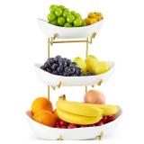 HOMKULA Ceramic Fruit Bowl for Kitchen Counter - 3 Tier Fruit Basket with Metal Stand, Tiered Fruit Stand for Countertop, Snack, Nuts, Cake, Dessert, Cute (Gold, Large) SMALL CHIPS