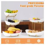HOMKULA Ceramic Fruit Bowl for Kitchen Counter - 3 Tier Fruit Basket with Metal Stand, Tiered Fruit Stand for Countertop, Snack, Nuts, Cake, Dessert, Cute (Gold, Large) SMALL CHIPS