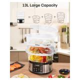 FOHERE Food Steamer for Cooking,13.7QT Vegetable Steamer with Stackable 3 Tiers BPA-Free Baskets,800W Electric Steamer Pot 60-Minute Timer, 24H Delay Start Timer for Veggies Seafood Rice