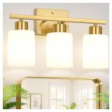 Meybiok 3-Light Bathroom Light Fixtures, Brushed Gold Vanity Light, Bathroom Vanity Light with Milky White Frosted Glass Shades, Bathroom Light for Mirror, Bedroom, Hallway, or Living Room