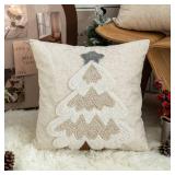 VANNCIO Christmas Tree Tufted Pillow Cover, Burlap Holiday Farmhouse Decorative Throw Pillow Sham with Snowflakes Embroidery, for Fall Winter Home Decoration, 18x18 inches, 1PCS - Retail: $19