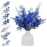 Vase Not Included Syhood 80 Pcs Royal Blue Winter Artificial Berry Picks and Pine Branches Stems Set, 7 Style Glitter Snowy Holly Berry and Branches for Wedding DIY Wreath Garland Party Winter Decor -