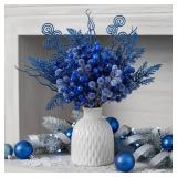 Vase Not Included Syhood 80 Pcs Royal Blue Winter Artificial Berry Picks and Pine Branches Stems Set, 7 Style Glitter Snowy Holly Berry and Branches for Wedding DIY Wreath Garland Party Winter Decor -