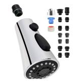 Universal Kitchen Faucet Head Replacement with 15 Adapter Kit Compatible with Kohler/Moen/Delta Faucet, 3 Function Pull Down Sink Faucet Spray Head, Chrome - Retail: $16