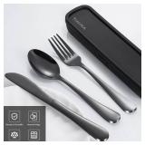 Travel Utensils with Case, 4-Piece Stainless Steel Portable Cutlery Set, Reinforced Case with Buckle Design, Lunch Box for Camping Work School, Include Fork Spoon Knife, Dishwasher Safe, Black - Retai