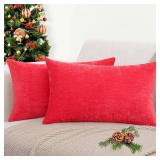 decorUhome Chenille Red Throw Pillow Covers 12x20 Inch Set of 2, Decorative Soft Couch Pillow Covers Solid Dyed Accent Farmhouse Neutral Rectangle Pillow Cases for Sofa - Retail: $34