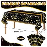 NOVWANG Happy New Year Tablecloths, 4 Pack Black and Gold Tablecloth New Year Plastic Disposable New Year