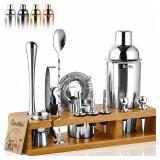 Barillio Bartender Kit - Stainless-Steel Cocktail Shaker Set w/Bamboo Stand - Mixology Bar Tools w/Drink Shaker, Mixer Spoon & Muddler for Cocktails - Home Bar Accessories - 23-Pc Bar Set - Silver - R