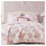 BLOOMHAVEN Quilt Set Queen Size, Dusty Rose Floral Quilt Sets, Reversible Bedspread Lightweight and Breathable for All Seasons, Soft Quilted Bedspread with 2 Pillow Shams - Retail: $50