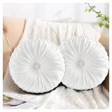 HIG Set of 2 Decorative Round Pleated Throw Pillows, Classy Accent Pumpkin Throw Pillows with Center Button, Vintage Velvet Floor Pillows for Sofa Vanity Chair Bed, White, 14.5\" Diameter(Ripple) - Re